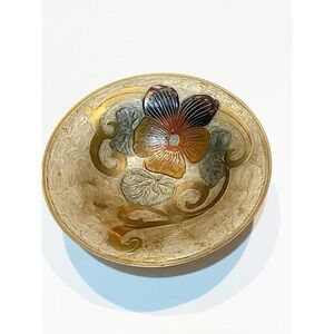 Vintage Painted Enamel on Brass Bowl, Art Nouveau Style Signed A. Delbaux France